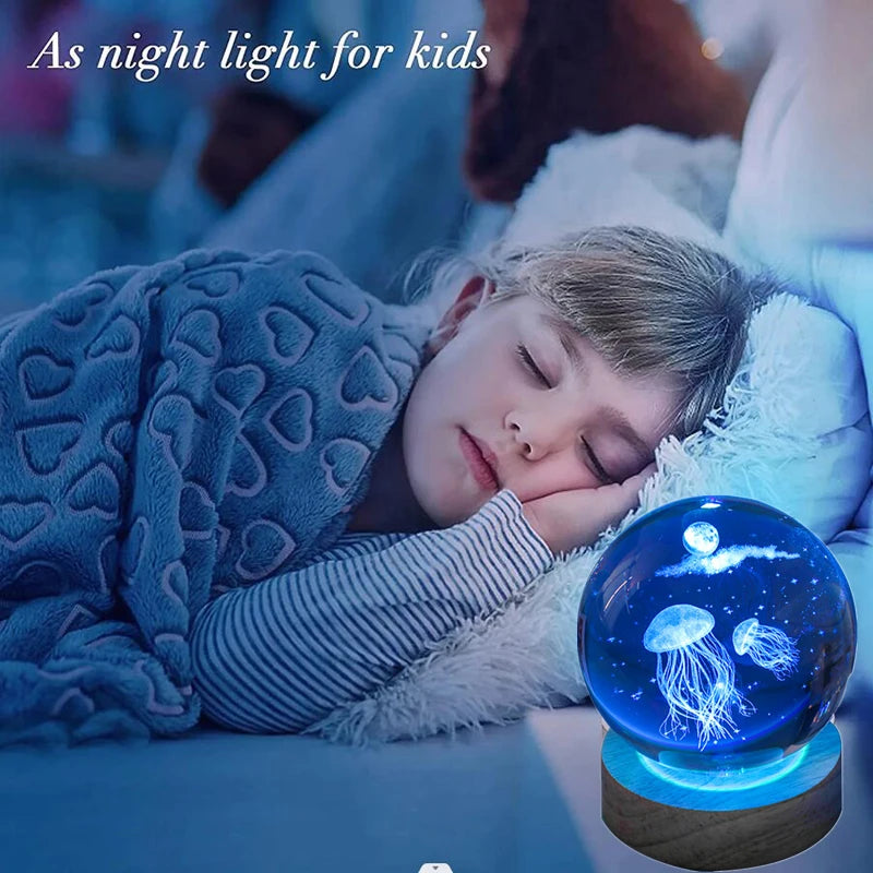 3D Jellyfish Laser engraved crystal ball LED night light