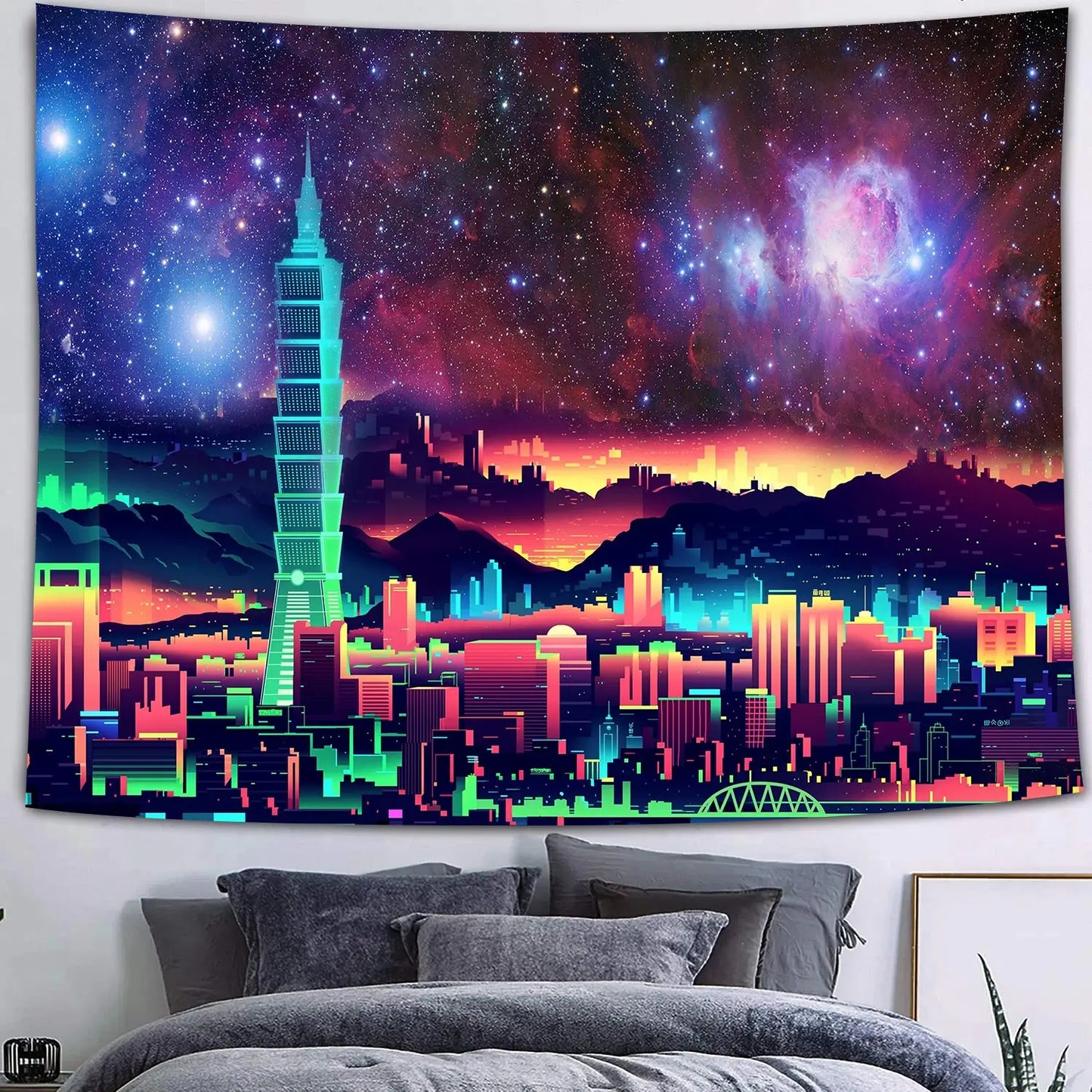 UV reactive cityscape tapestry