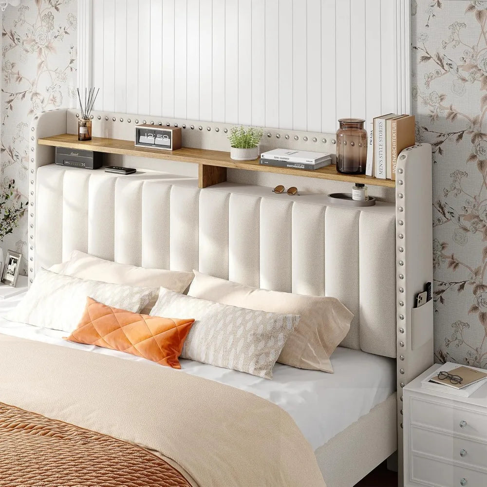 Cushion upholstered Bed Frame with 2 Drawer Storage