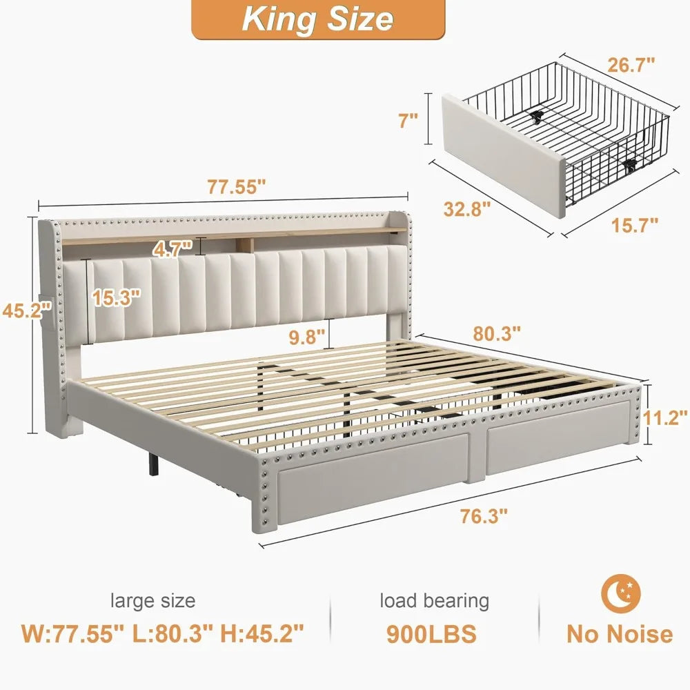Cushion upholstered Bed Frame with 2 Drawer Storage