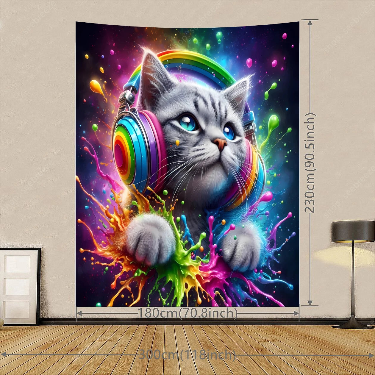 Psychedelic Cute Cat UV Reactive tapestry