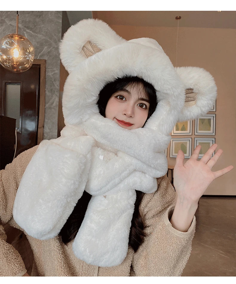 Super Thick Warm Plushie Bear Hooded Scarf