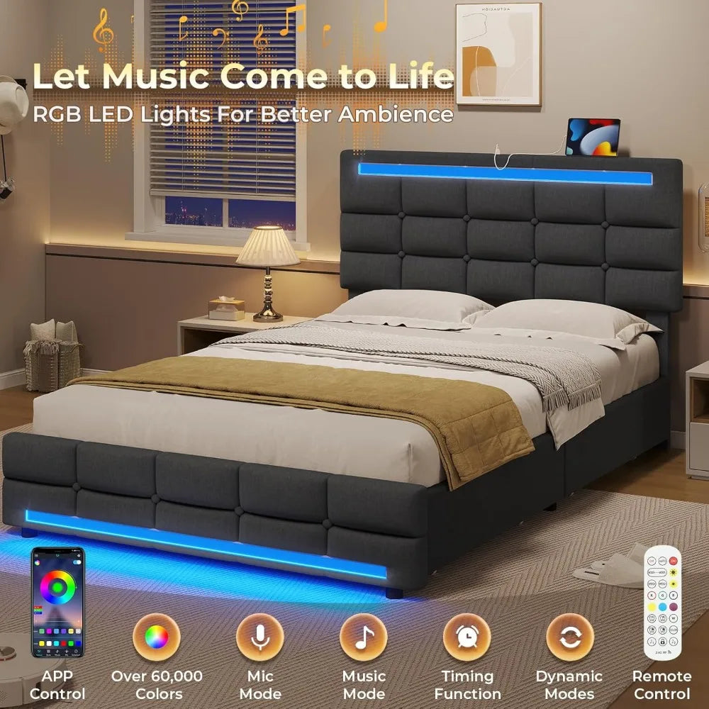 Cushy Bedframe with LED lights and charging station