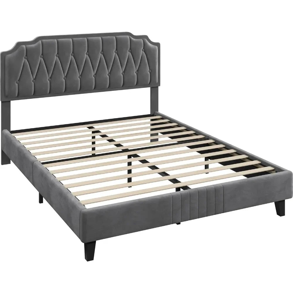 Velvet Upholstered Platform Bed with Curved Height-Adjustable Headboard