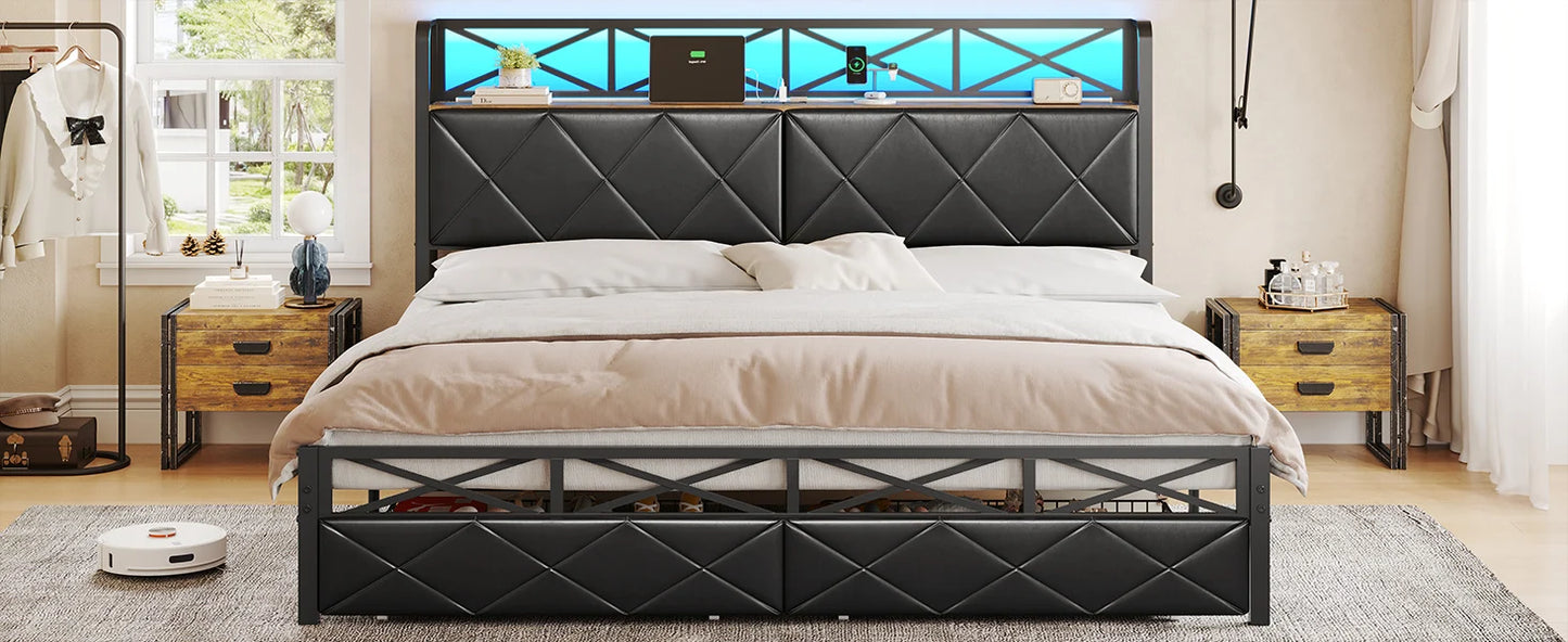 Bed Frame with Led Lights, USB Ports and Adjustable Headboard