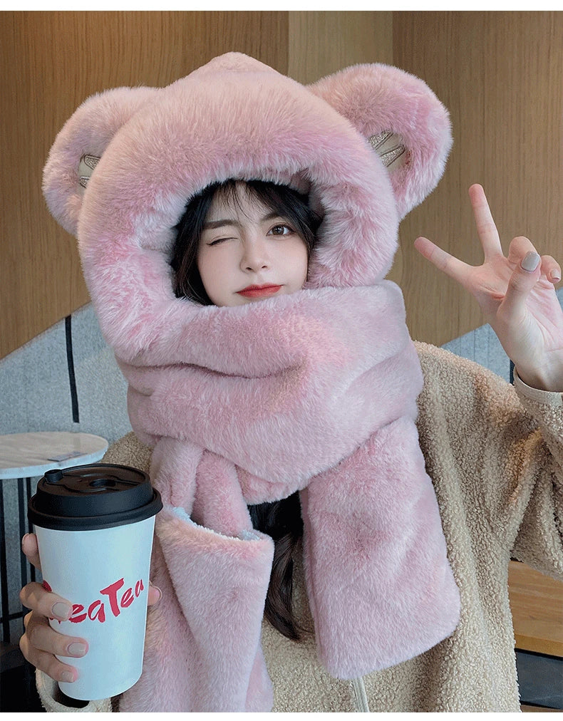 Super Thick Warm Plushie Bear Hooded Scarf