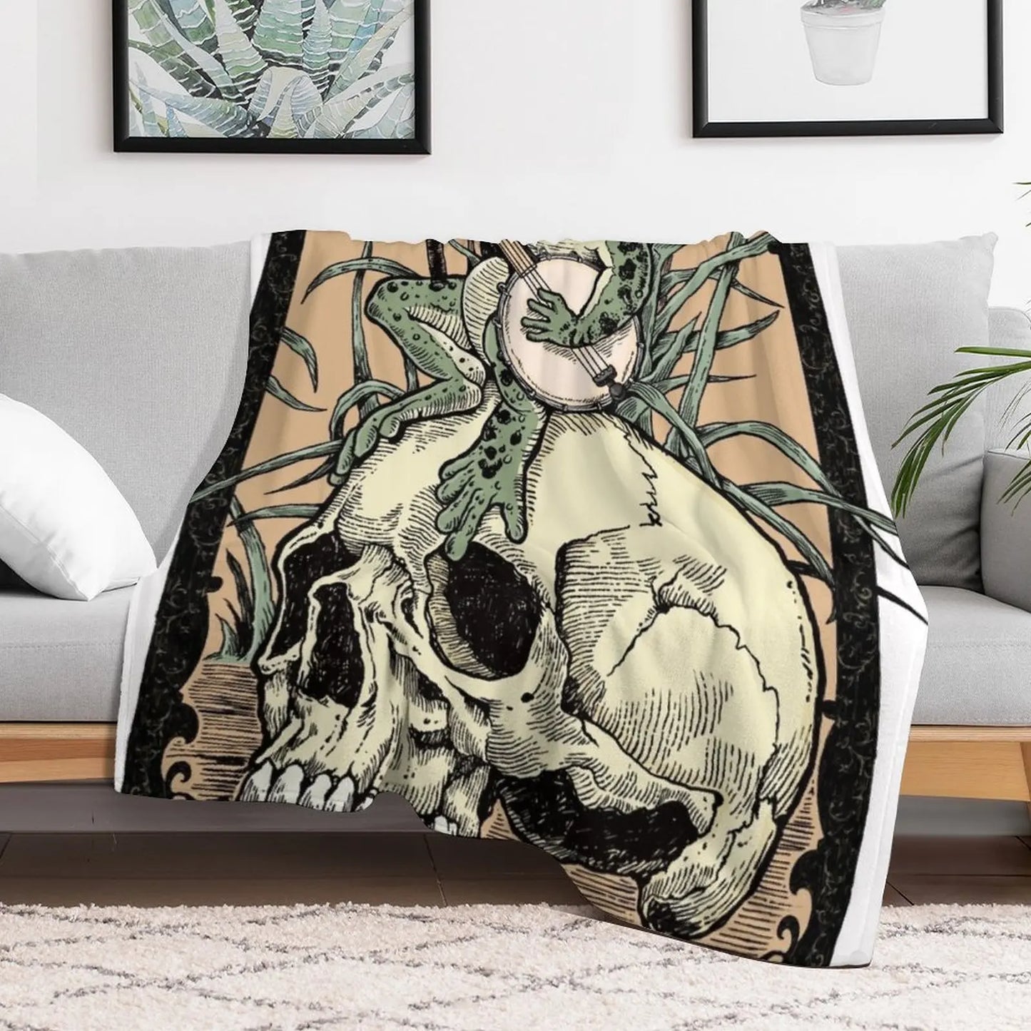 Victorian Frog Playing Banjo Throw Blanket