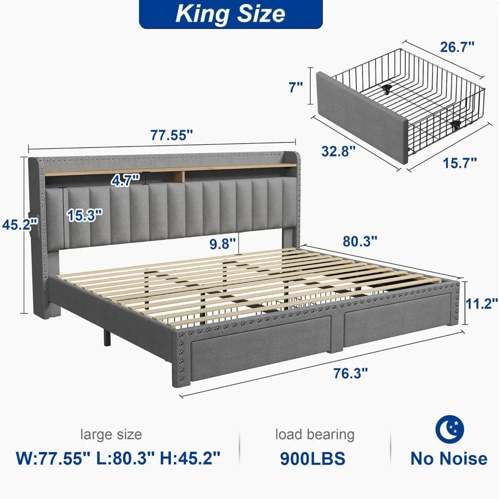 Cushion upholstered Bed Frame with 2 Drawer Storage