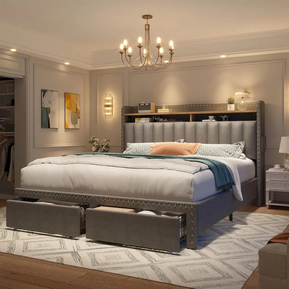 Cushion upholstered Bed Frame with 2 Drawer Storage