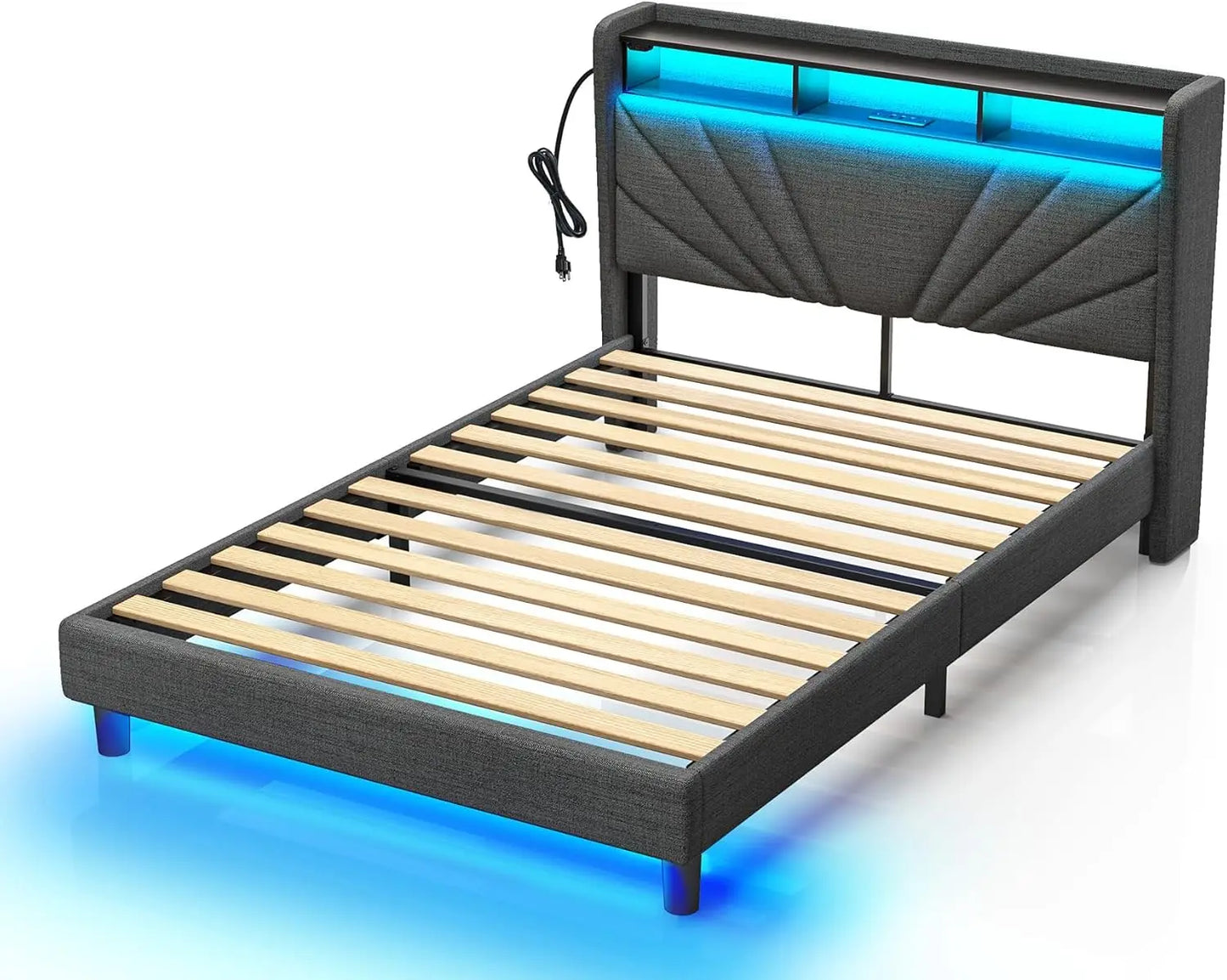 Bedframe with Storage Headboard and Upholstered with Heavy Duty Wood Slats