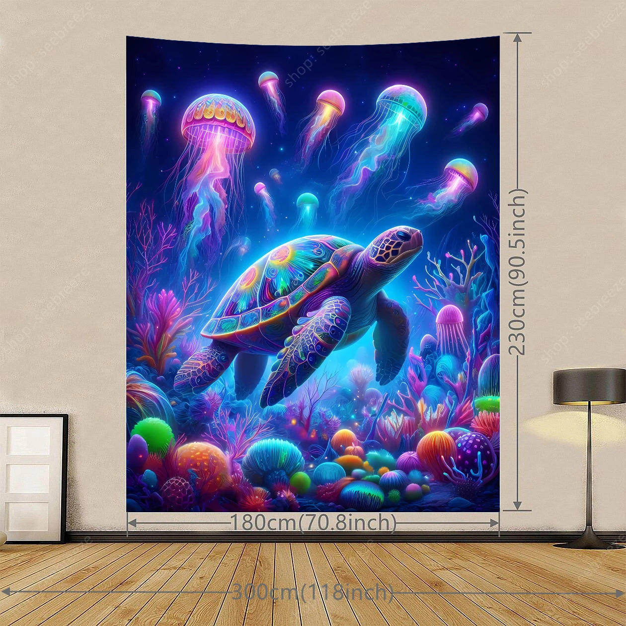 Colorful Turtle and Jellyfish UV Tapestry