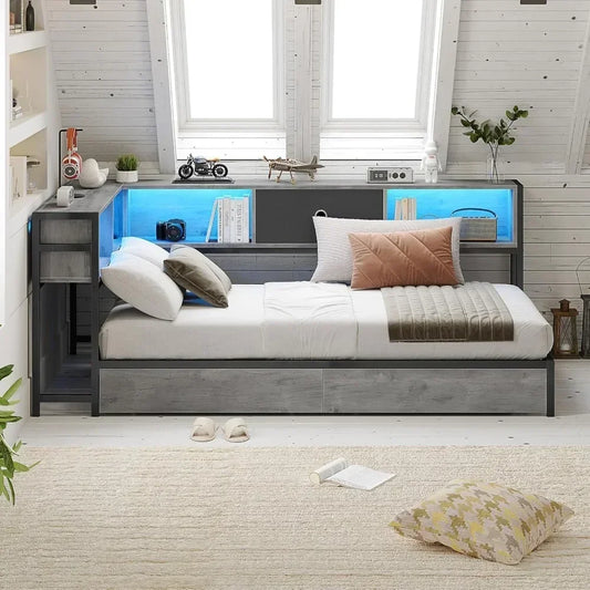 Corner Bed Frame with Bookcase and 2 Underbed Storage Drawers